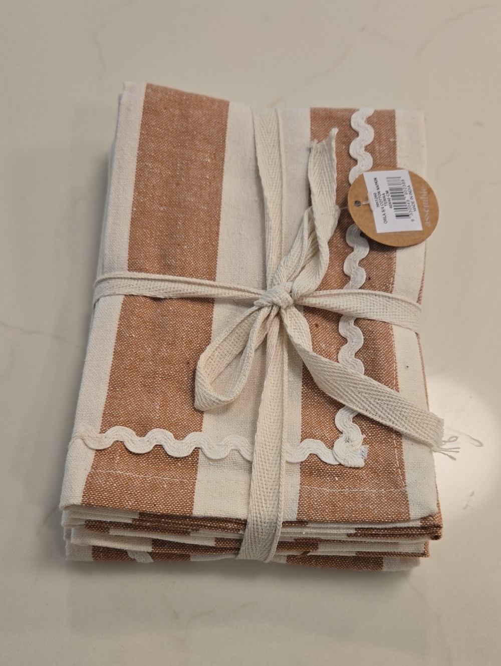4 Striped Cotton Napkins Set - Cream & TAN/BROWN.